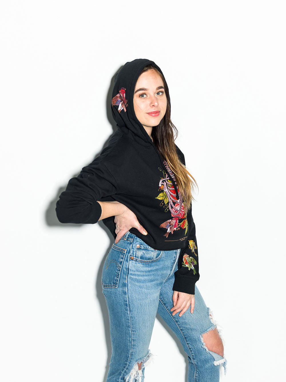 StonerDays True Love Women's Crop Top Hoodie in Black Cotton, Front View on Model