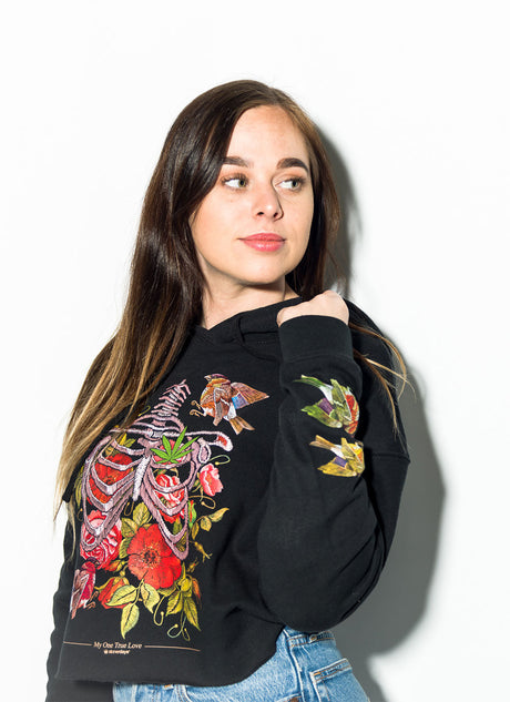 StonerDays True Love Crop Top Hoodie for Women, Black Cotton with Colorful Print, Front View
