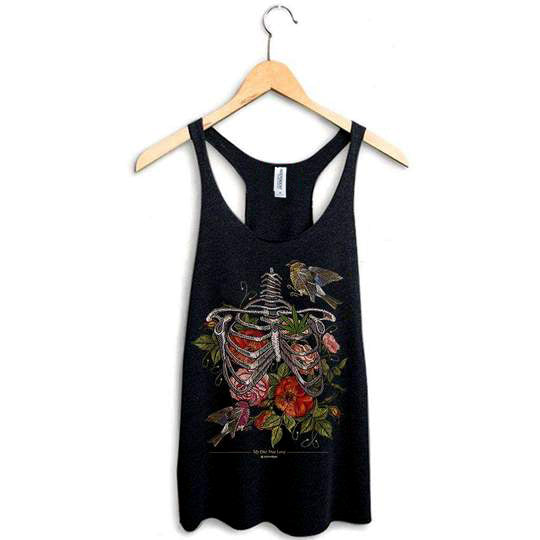 StonerDays True Love Racerback tank top, black with floral ribcage print, hanging on wooden hanger