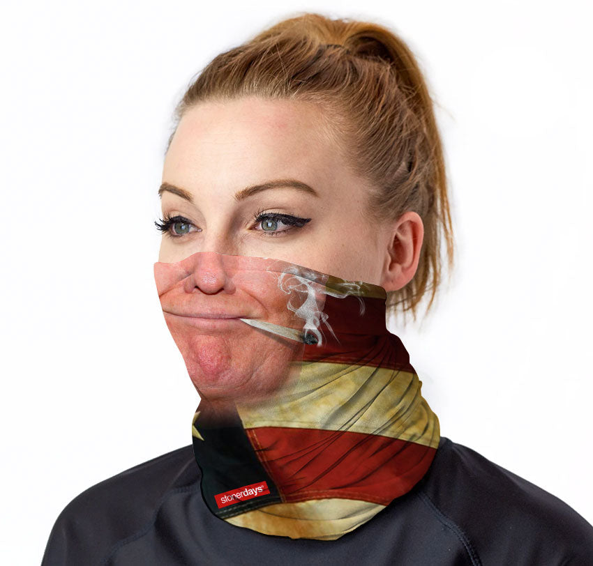 StonerDays Trump 2020 Neck Gaiter with smoke design, front view on model