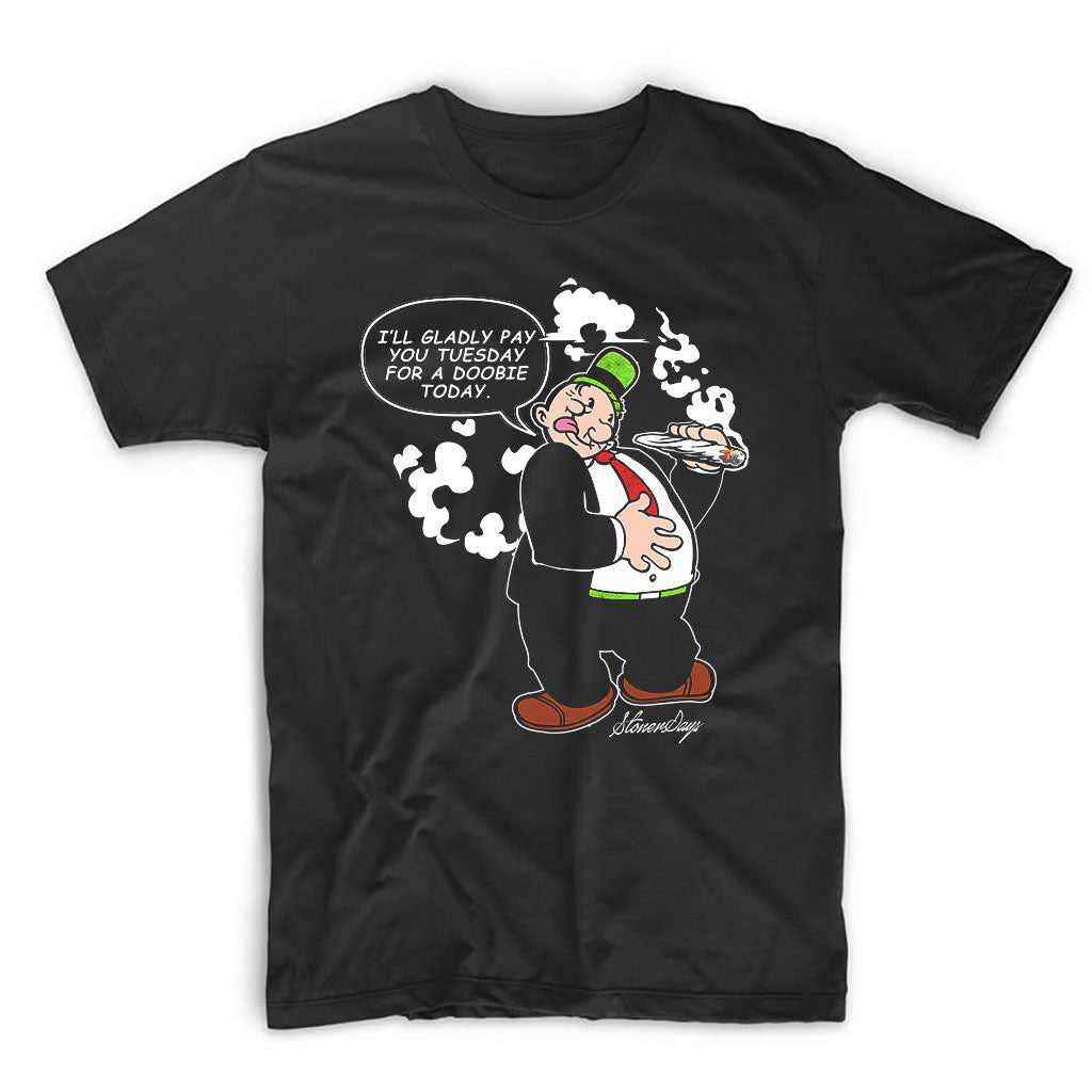 StonerDays Tuesday men's black t-shirt with Sherlock design, front view on white background