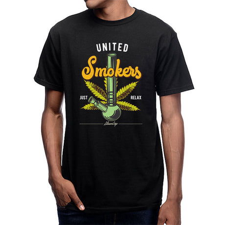 StonerDays United Smokers Tee front view on model, black cotton T-shirt with vibrant graphic design