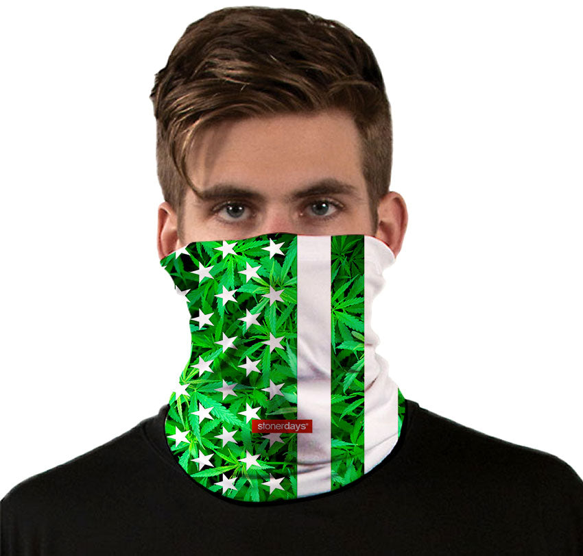 Man wearing StonerDays USA flag-inspired green neck gaiter with cannabis leaf design