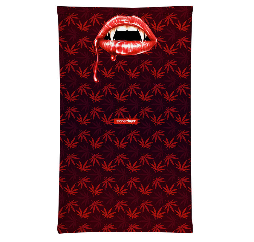 StonerDays Vampire Fangs Halloweed Neck Gaiter with red cannabis leaf pattern, front view