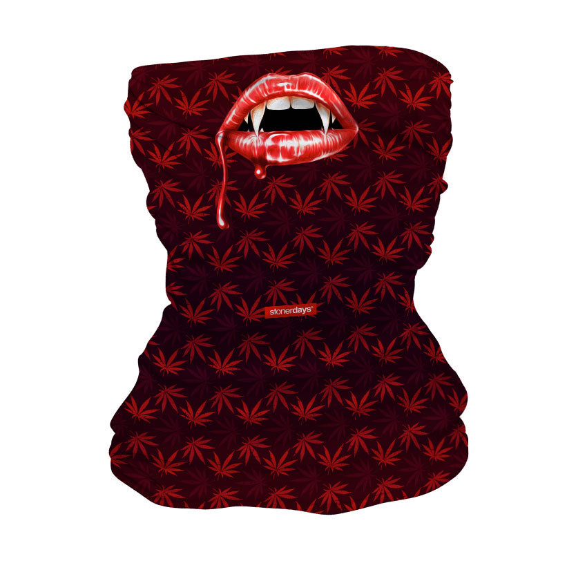 StonerDays Vampire Fangs Halloweed Neck Gaiter with red cannabis leaf design on black background