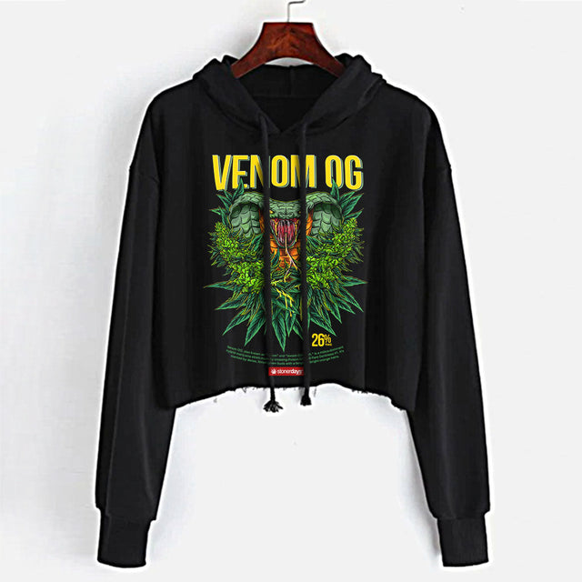 StonerDays Venom Og Crop Top Hoodie in black with green cannabis design, available in S to XL