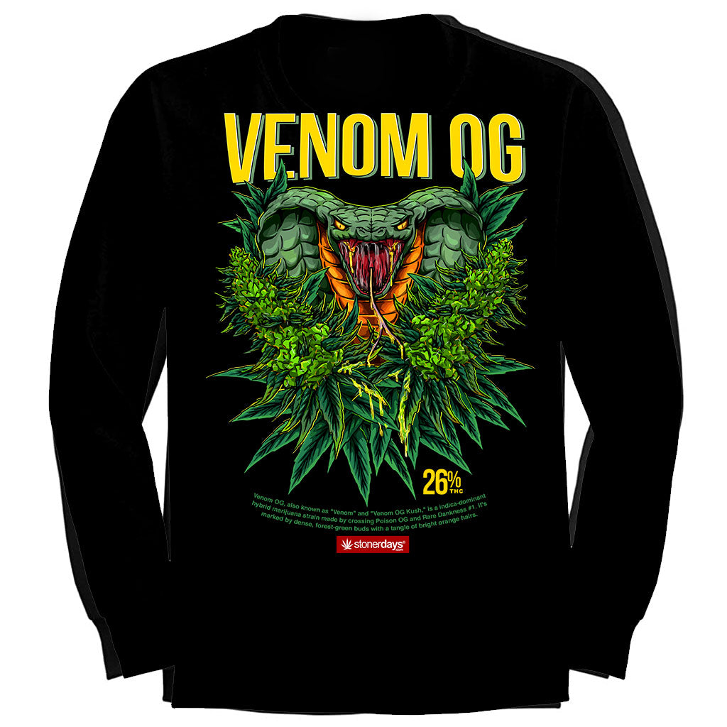 StonerDays Venom Og Long Sleeve Shirt in Black with Graphic Cannabis and Snake Design, USA Made, Men's Cotton Apparel