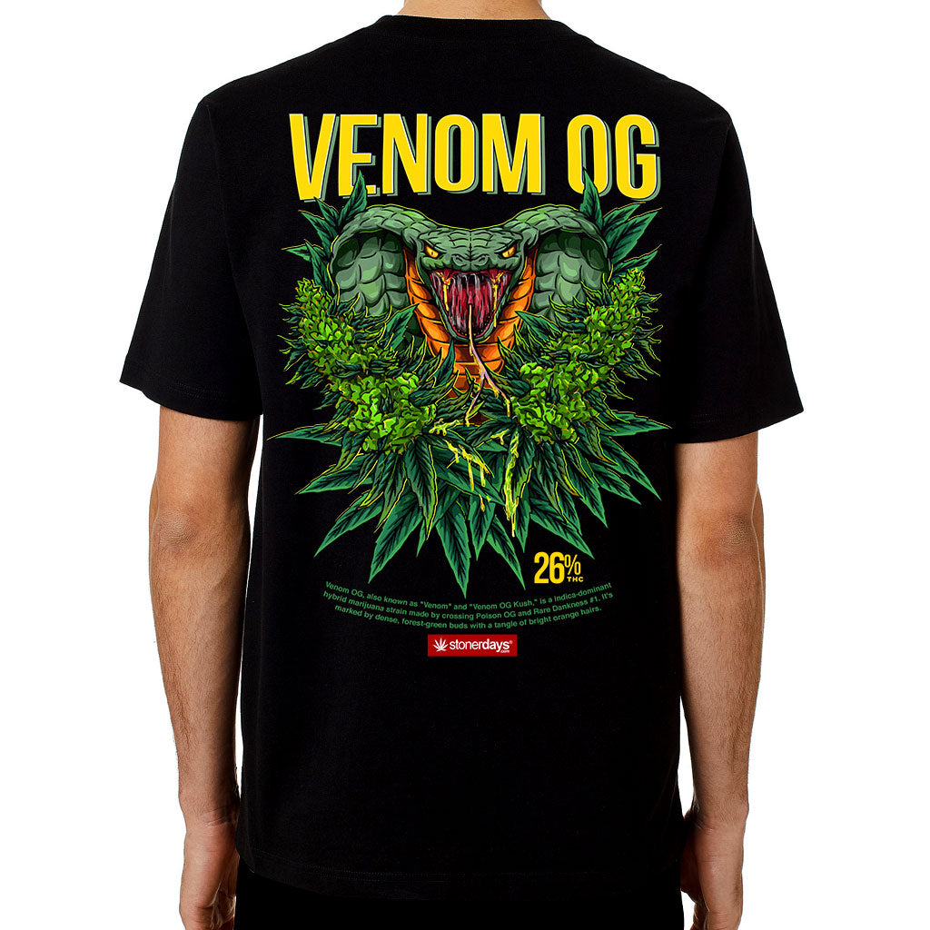 StonerDays Venom OG T-Shirt in black with vibrant green cannabis and snake design, rear view, sizes S-3XL