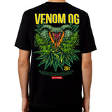 StonerDays Venom OG T-Shirt in black with vibrant green cannabis and snake design, rear view, sizes S-3XL