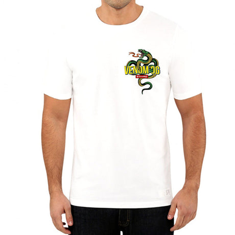 StonerDays Venom OG White Tee featuring green serpent graphic, front view on model
