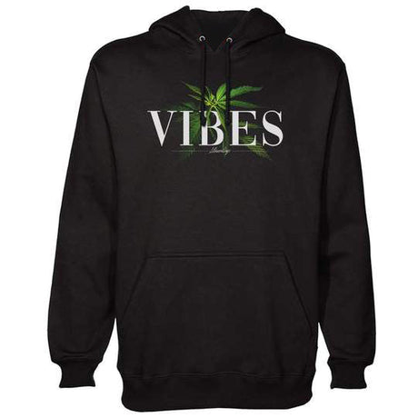 StonerDays Vibes Hoodie in black cotton, front view with 'VIBES' and cannabis leaf graphic