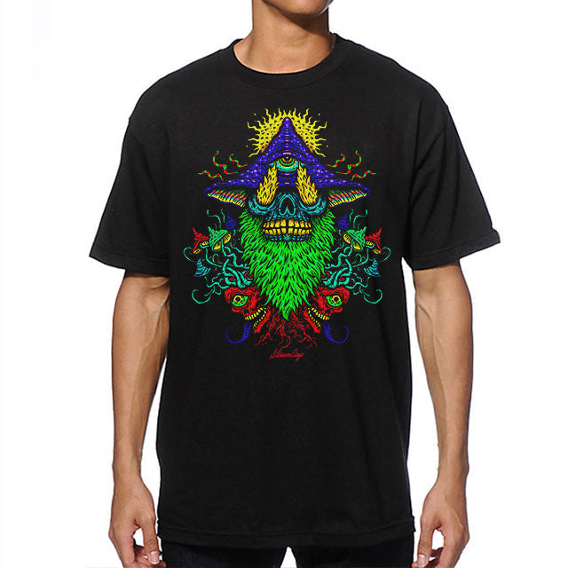 StonerDays Voodoo Magic Mushroom Trip Tee in black, front view on white background