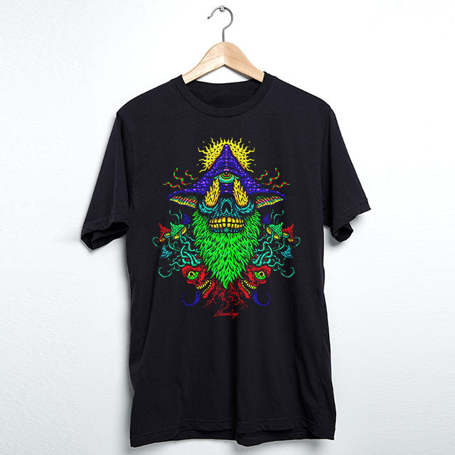 StonerDays Voodoo Magic Mushroom Trip Tee in black, front view on hanger, vibrant graphic design