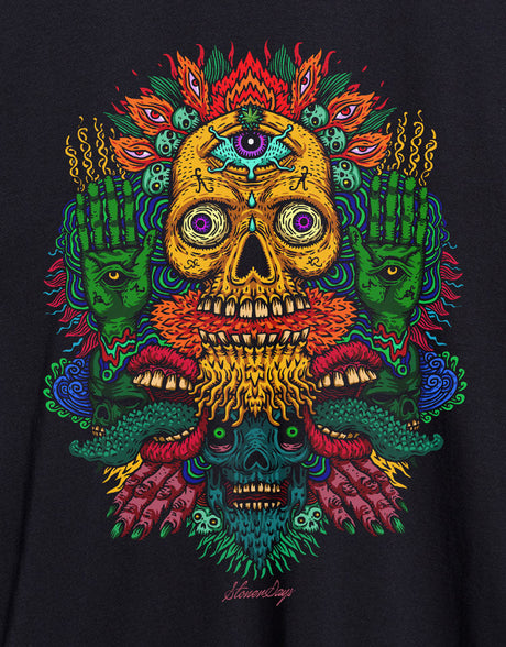 Close-up of StonerDays Voodoo Mary Janes Spell Hoodie with vibrant print on black cotton