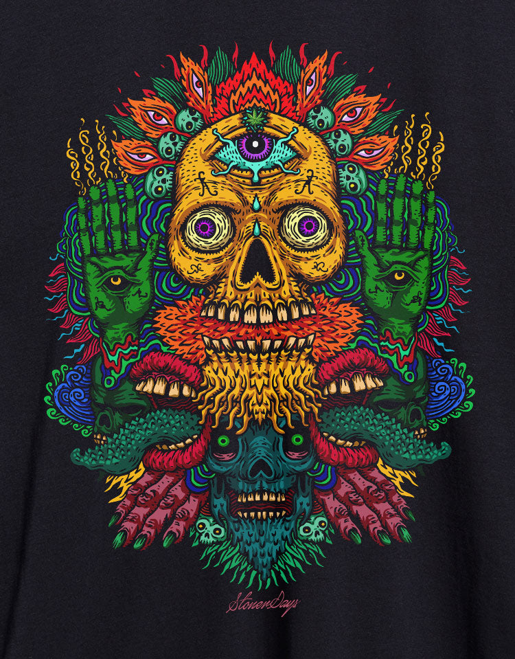 Close-up of StonerDays Voodoo Mary Janes Spell Hoodie with vibrant print on black cotton