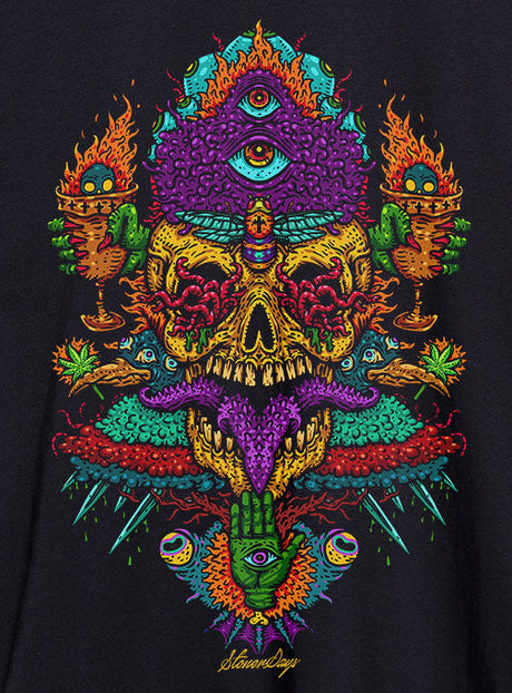 StonerDays Voodoo Vulcan God of Fire Hoodie with vibrant graphic print on black fabric