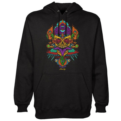 StonerDays Voodoo Vulcan God Of Fire Hoodie in black with vibrant front print, available in various sizes
