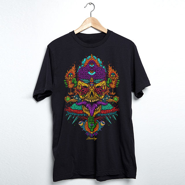 StonerDays Voodoo Vulcan God Of Fire Tee in black cotton, front view on hanger