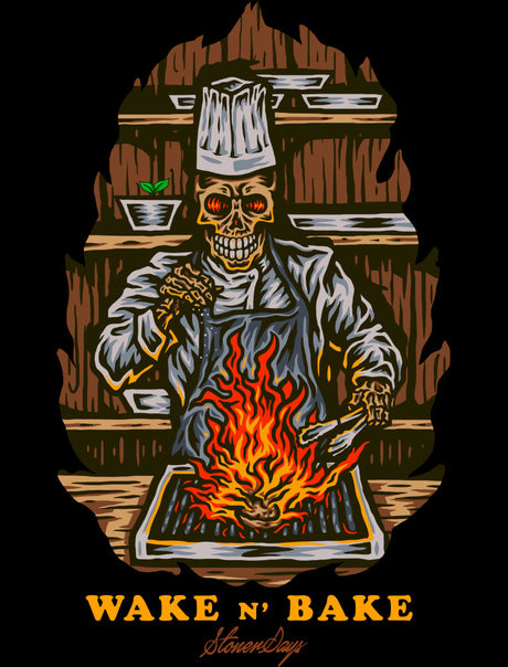 StonerDays Wake N Bake Crop Top Hoodie graphic with skeleton chef and fiery oven