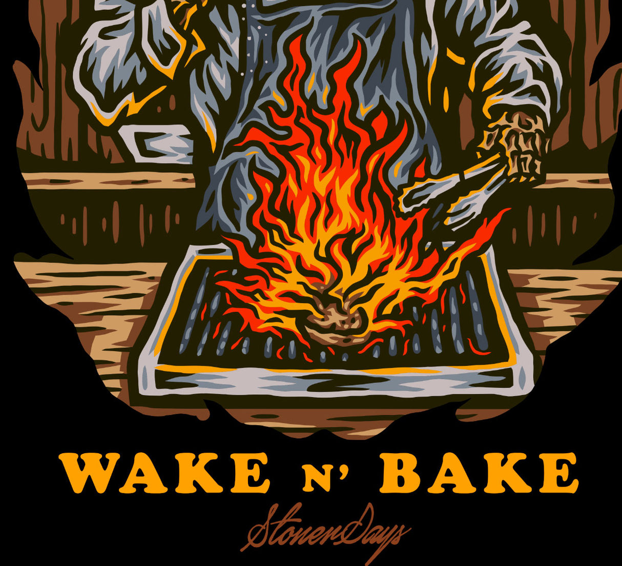 StonerDays Wake N Bake Crop Top Hoodie graphic with vibrant fire design on black background