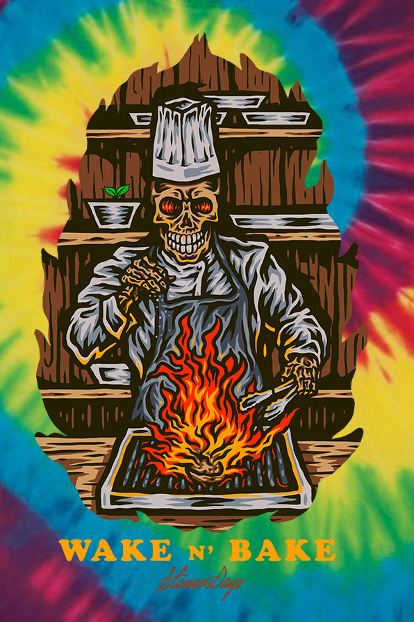 StonerDays Wake N Bake T-shirt with vibrant rainbow tie-dye design, front view