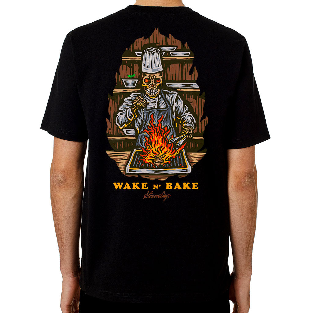 StonerDays Wake N Bake Tee with vibrant graphic, rear view on model, 100% cotton