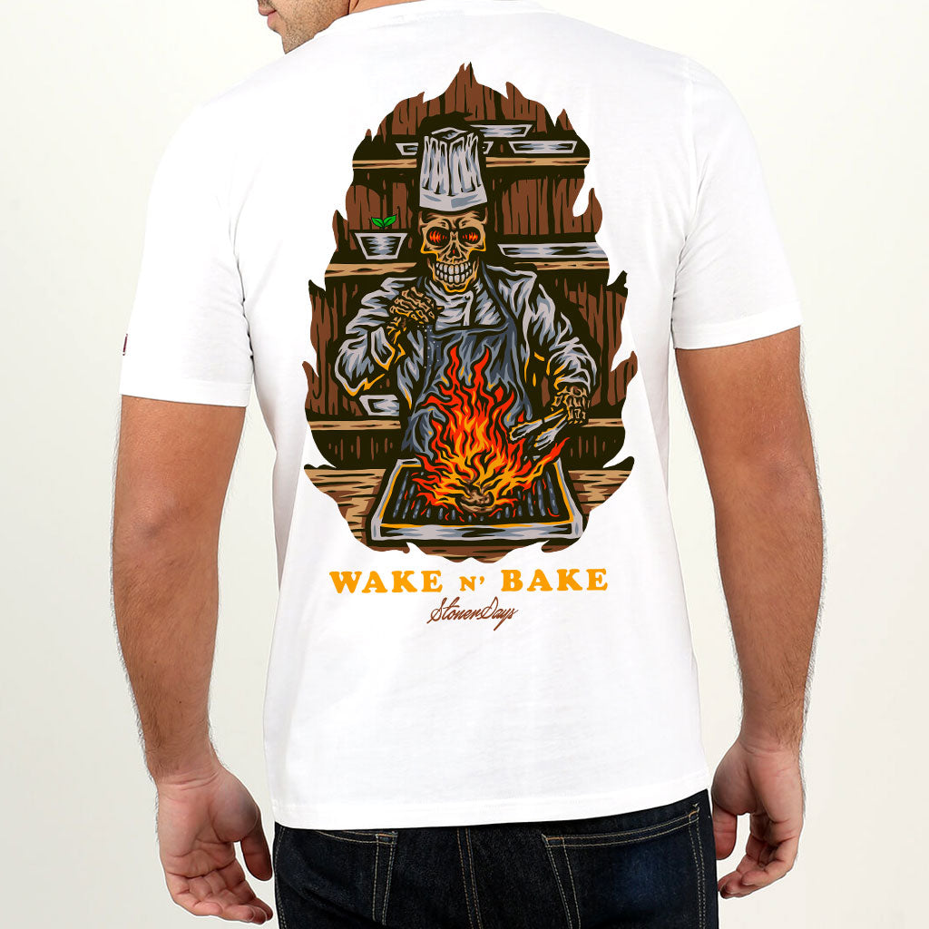 StonerDays Wake N Bake White Tee, rear view showing graphic print with skeleton chef