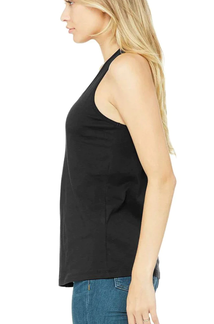 Side view of a woman wearing StonerDays Wake N Bake Racerback Tank Top in black