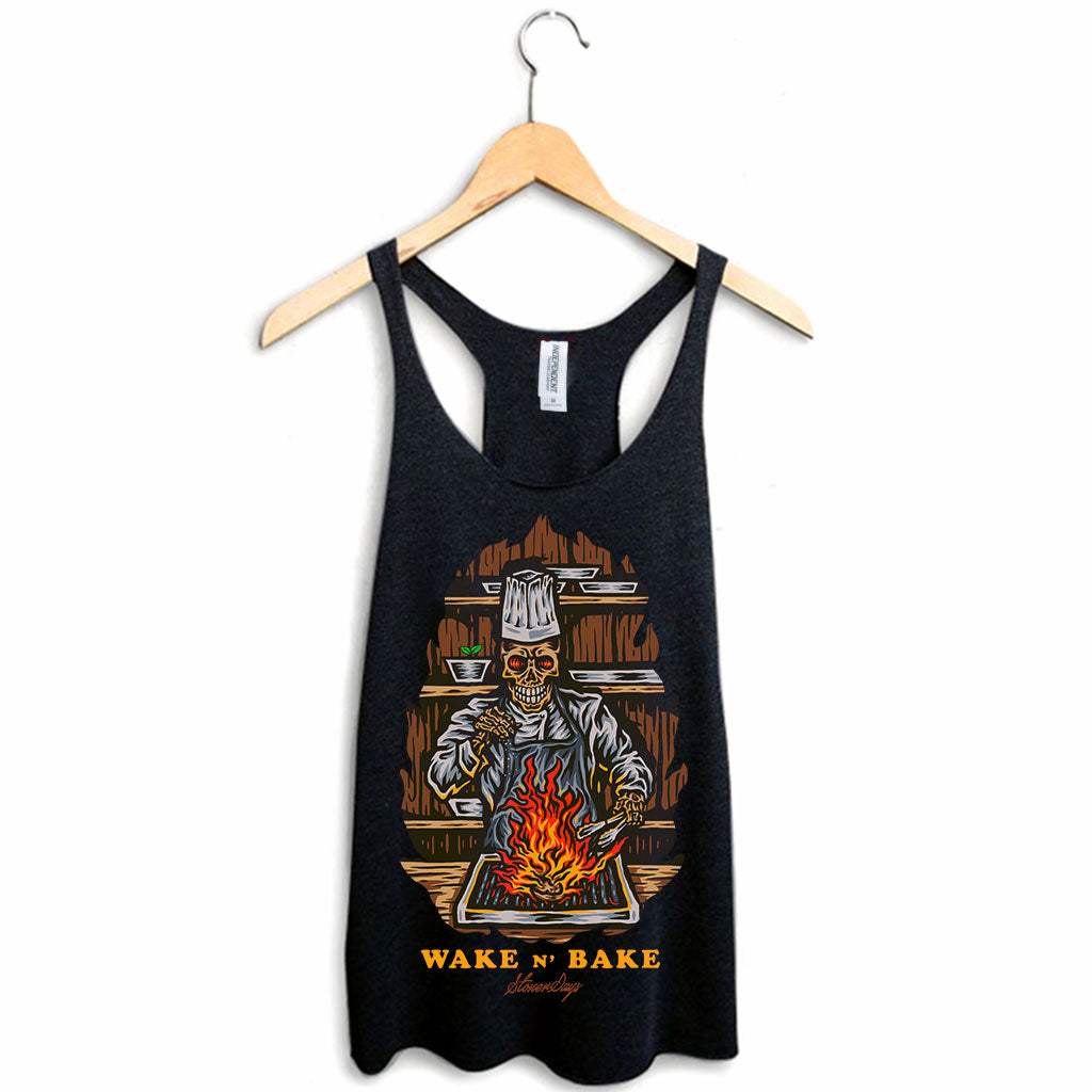 StonerDays Wake N Bake Women's Racerback Tank Top in Black with Rasta Print, Front View on Hanger