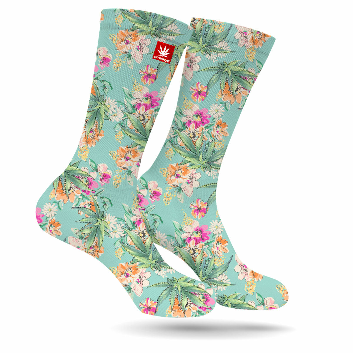 StonerDays Watercolor Kush Weed Socks in medium and large with vibrant cannabis leaf design
