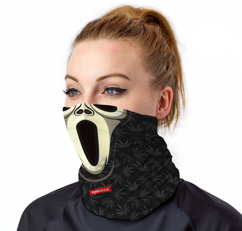 StonerDays Wazzzup Halloweed Gaiter with cannabis leaf design, worn by model, front view