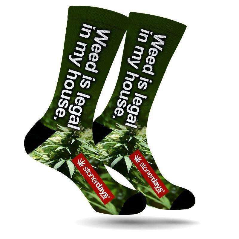 StonerDays 'Weed Is Legal in My House' socks with cannabis leaf print, available in S, M, L
