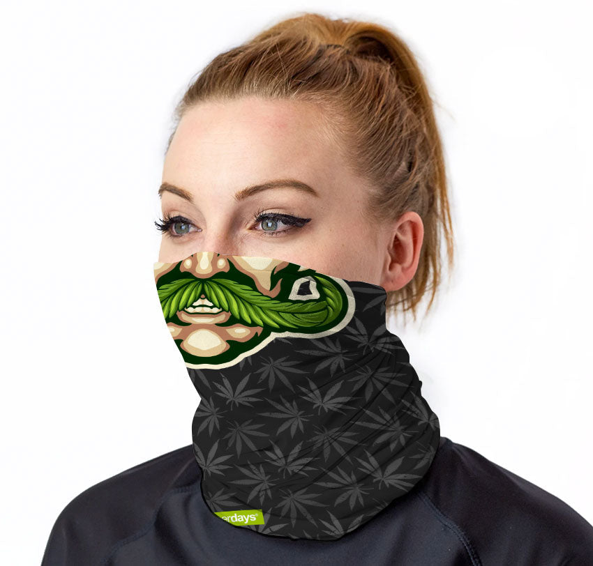 StonerDays Weedstache Neck Gaiter with cannabis leaf design, model side view