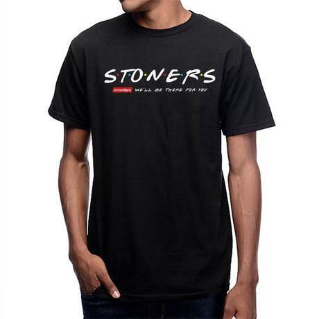 Man wearing StonerDays black cotton t-shirt with 'We'll Be There For You' slogan, front view