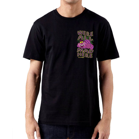StonerDays Men's Black Cotton T-Shirt with 'We're All Mad Here' Design, Front View