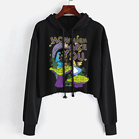 StonerDays 'We're All Mad Here' Women's Crop Top Hoodie in Black - Front View