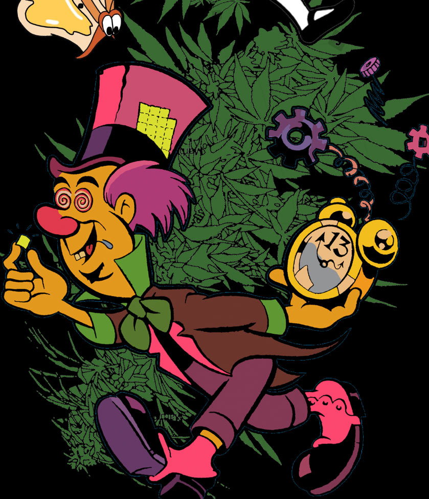 StonerDays 'We're All Mad Here' Hoodie design with whimsical characters on green background