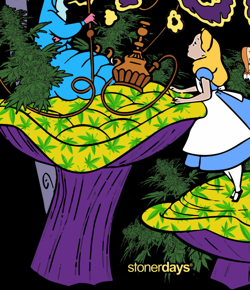 StonerDays 'We're All Mad Here' Hoodie featuring vibrant Alice in Wonderland inspired cannabis art