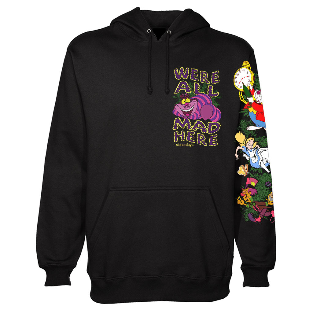 StonerDays 'We're All Mad Here' Hoodie in black with colorful Alice in Wonderland graphics
