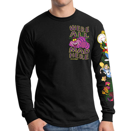 StonerDays black long sleeve shirt with 'We're All Mad Here' print, front view on a white background