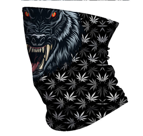 StonerDays Werewolf Neck Gaiter in gray with cannabis leaf pattern, made of polyester, side view