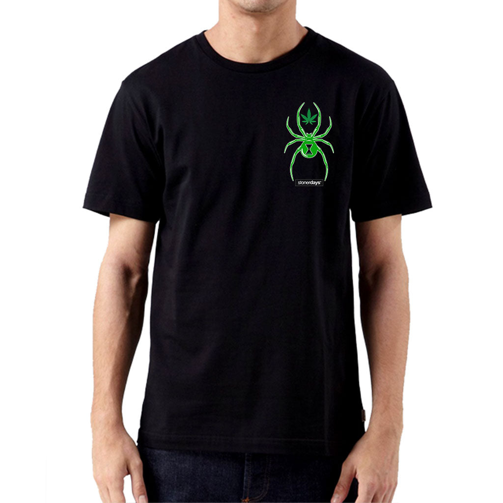 StonerDays White Widow men's black cotton t-shirt with green spider graphic, front view