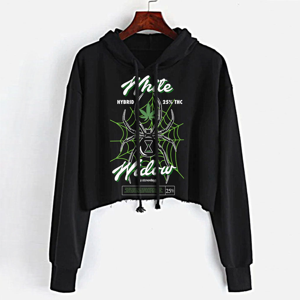 StonerDays White Widow Crop Top Hoodie for Women, Cotton, Front View on Hanger