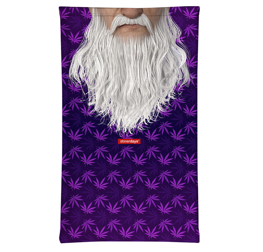 StonerDays Wizard Beard Neck Gaiter with Gandalf design, purple cannabis leaf pattern, front view