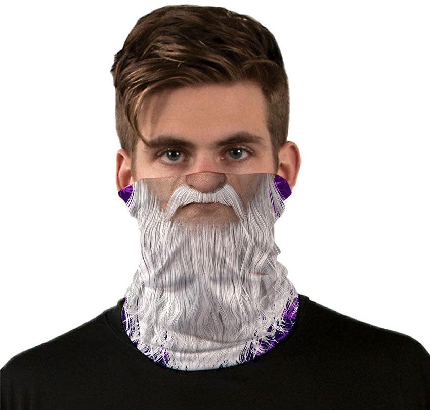 StonerDays Wizard Beard Neck Gaiter featuring Gandalf design, front view on model