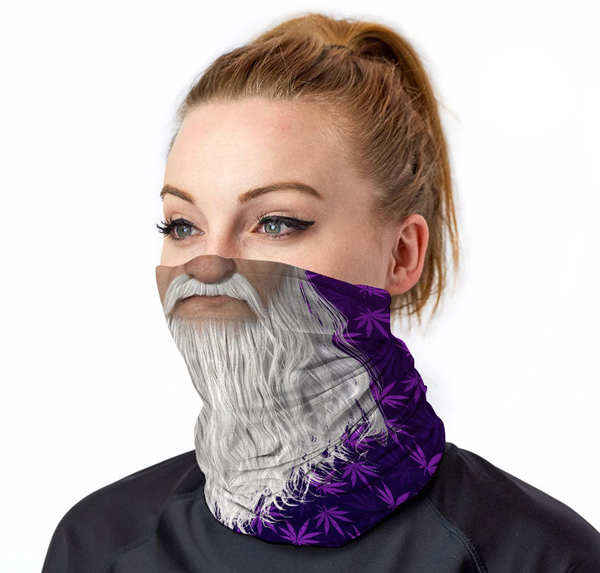 StonerDays Wizard Beard Neck Gaiter in black, gray, and purple with cannabis leaf design