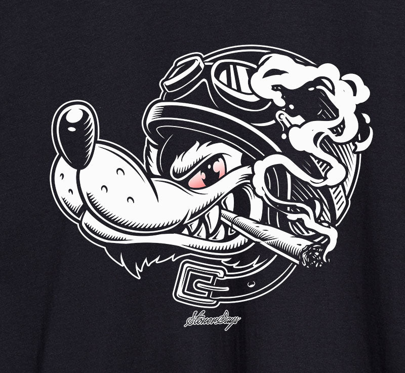 Close-up of StonerDays Wolf Pack men's black cotton t-shirt with white graphic design