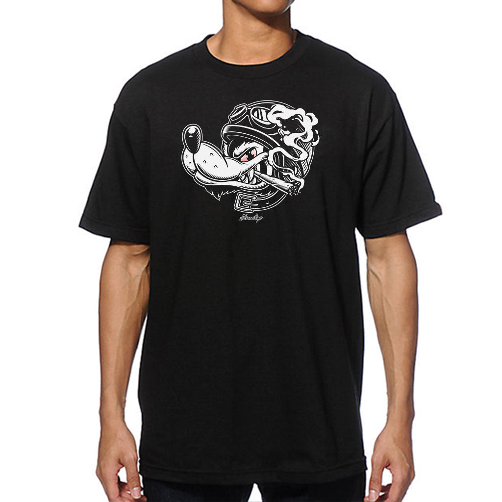 StonerDays Wolf Pack men's black cotton t-shirt with white wolf graphic, front view on model
