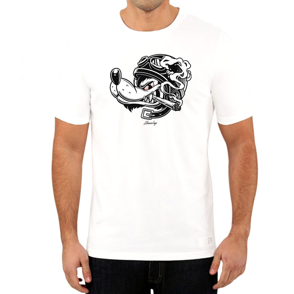 StonerDays Wolf Pack White Tee front view on model, sizes S to 3XL, 100% cotton