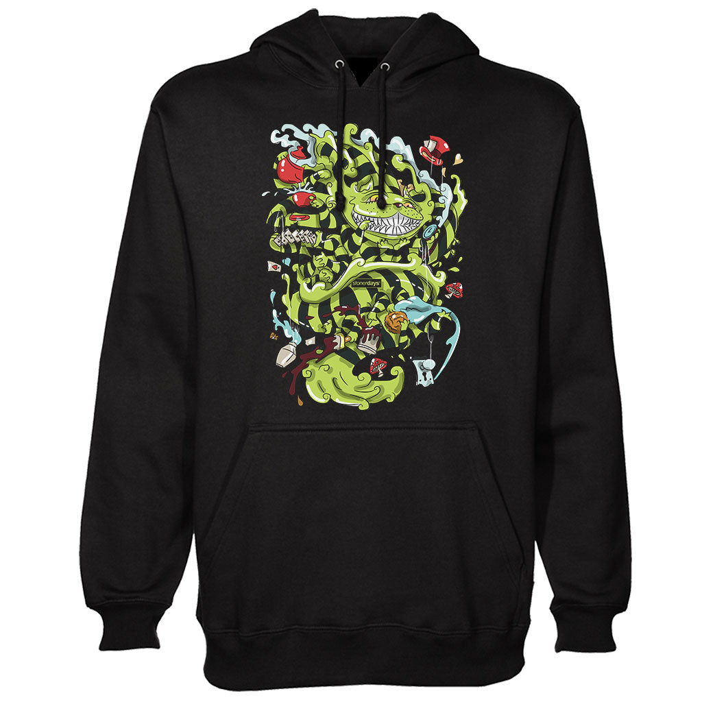 StonerDays Wonderland Hoodie in black, featuring vibrant Alice in Wonderland inspired graphics, sizes S-XXL.